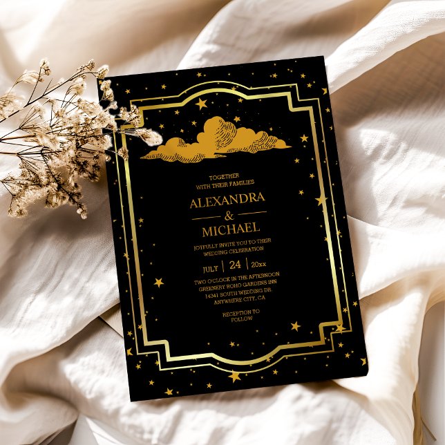 Invitations En Acrylique Mystical Black Gold Celestial Stars Wedding (Créateur téléchargé)