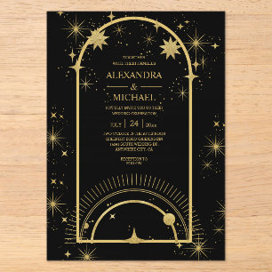 Invitations En Acrylique Mystical Black Gold Mariage Céleste Stars