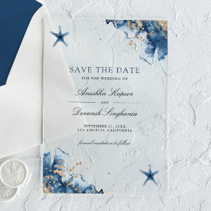 Invitations En Acrylique Nautical Navy Blue Starfish Mariage Enregistrer la