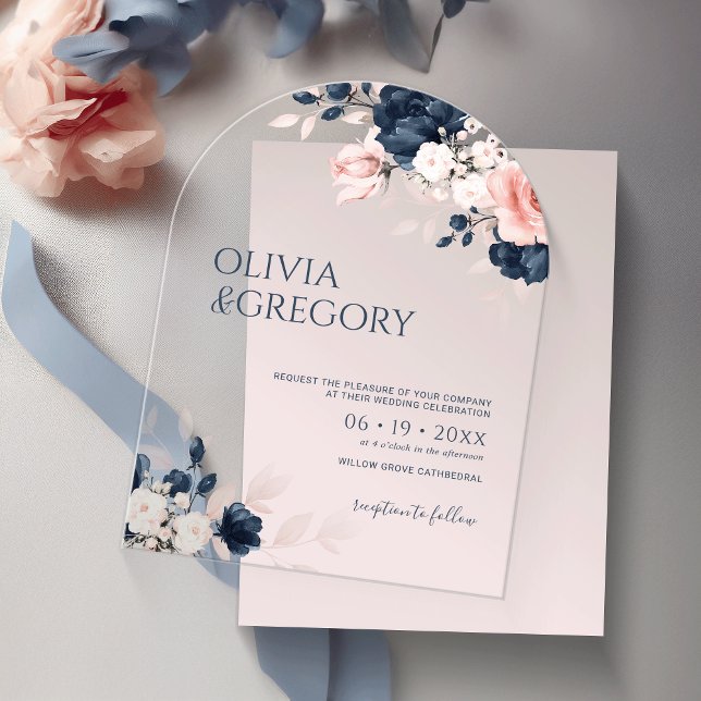 Invitations En Acrylique Navy Blue and Blush Pink Bouquet Wedding (Créateur téléchargé)