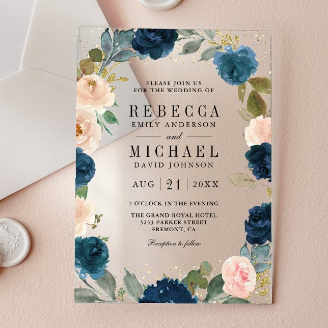 Invitations En Acrylique Navy Blue and Peach Floral Wedding (Créateur téléchargé)
