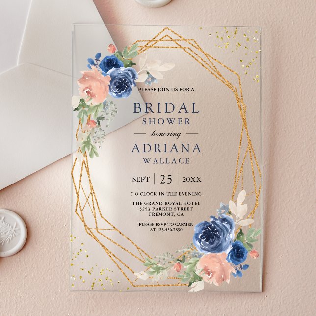 Invitations En Acrylique Navy Blue Blush Pink Roses Geometric Bridal Shower (Créateur téléchargé)