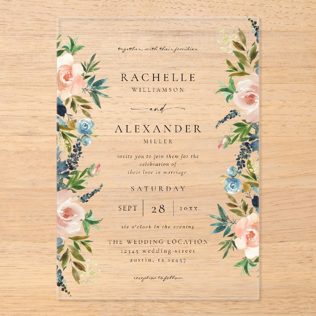 Invitations En Acrylique Navy, Dusty Blue & Pink Floral Mariage V2 (Recto)