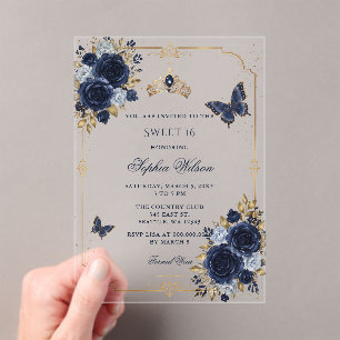 Invitations En Acrylique Navy Or Floral Papillon Douce 16