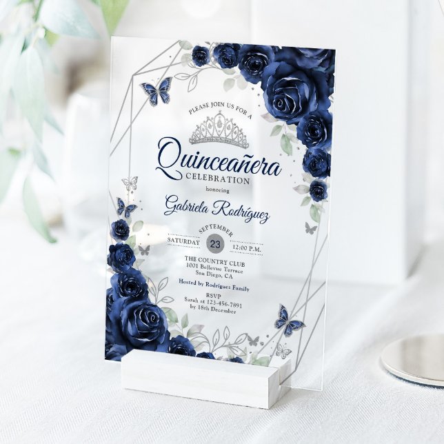 Invitations En Acrylique Navy Silver Floral Quinceanera (Créateur téléchargé)