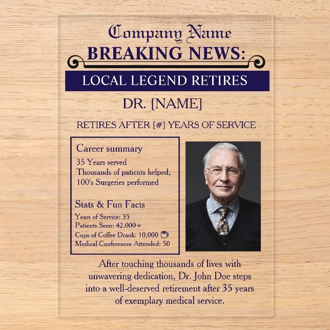 Invitations En Acrylique Newspaper Style Doctor Retirement Card | Custom (Recto)
