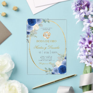 Invitations En Acrylique Noces d'or avec fleur bleue