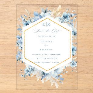 Invitations En Acrylique Noces Fleur Bleu Poussiéreux Or Tout en Un