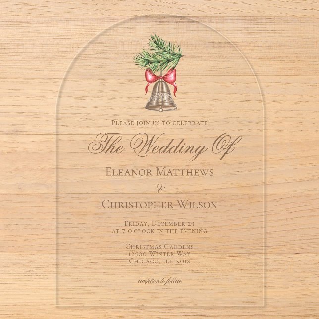 Invitations En Acrylique Noël Bell & Pine Feuilles Fêtes Mariage Arch (Recto)