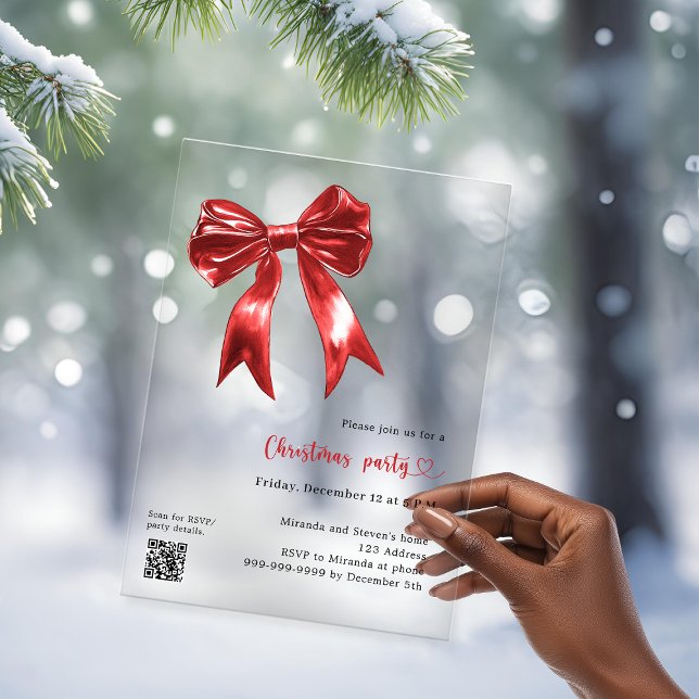 Invitations En Acrylique Noël fête code QR clair ruban rouge (Créateur téléchargé)