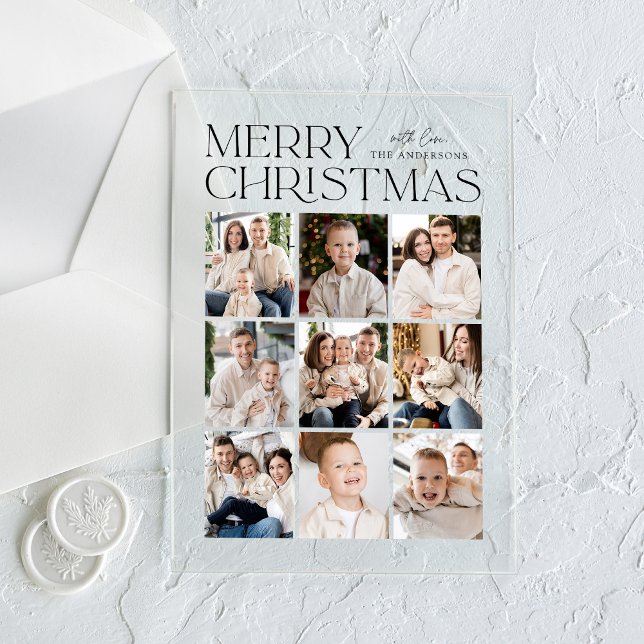 Invitations En Acrylique Noël moderne Black 9 Photo Collage Holiday (Créateur téléchargé)