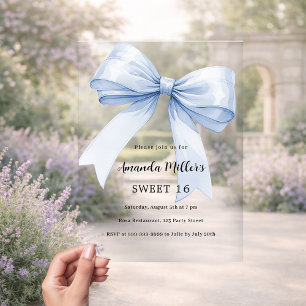 Invitations En Acrylique Nœud bleu crème beige élégant Sweet 16 clair