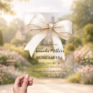 Invitations En Acrylique Nœud crème beige luxe pour Quinceanera clair