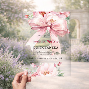 Invitations En Acrylique Nœud floral rose clair pour Quinceanera