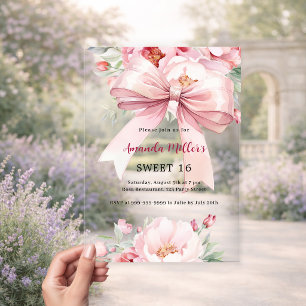 Invitations En Acrylique Nœud rose fleurs clair Sweet 16