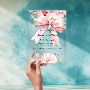 Invitations En Acrylique Nœud rose florales élégantes clair anniversaire