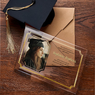 Invitations En Acrylique Noir élégant   Gold College University Graduation 