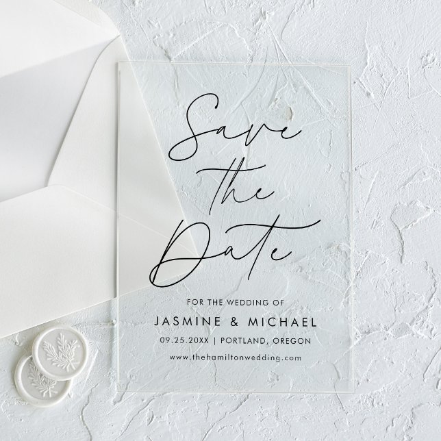 Invitations En Acrylique Noir moderne mariage de script Enregistrer la date (Créateur téléchargé)