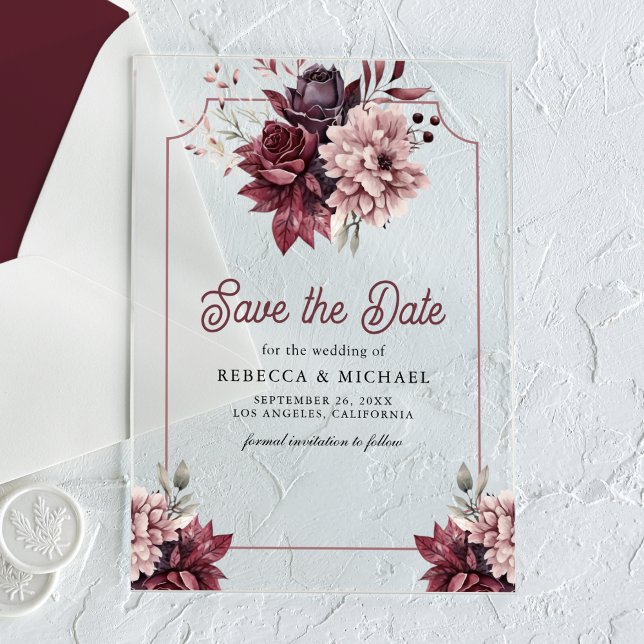 Invitations En Acrylique Noir Moody Floral Frame Wedding Enregistrer la dat (Créateur téléchargé)