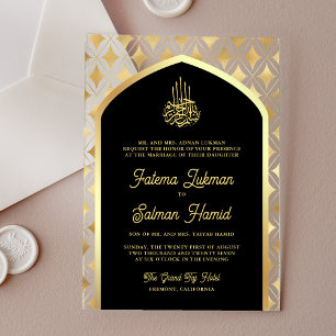 Invitations En Acrylique Noir Or Diamants Arche Musulmane Mariage