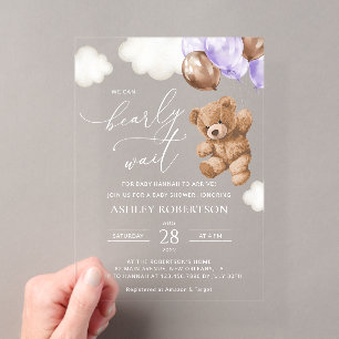 Invitations En Acrylique Nounours, bébé ours, ballon violet, fête prénatale
