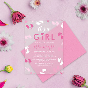 Invitations En Acrylique Nuances de rose Empreintes de bébé fille