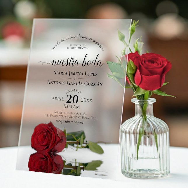 Invitations En Acrylique Nuestra Boda Elegant Red Rose Spanish Wedding (Frosted Acrylic with Rectangle Cut)