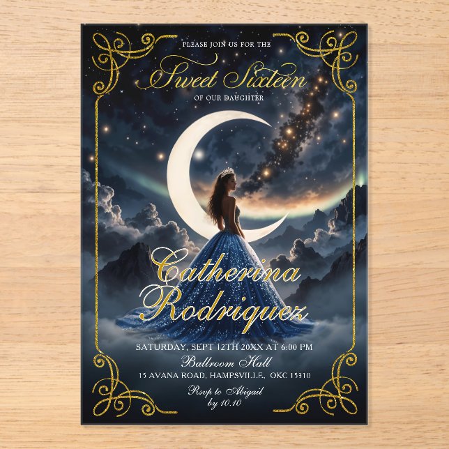 Invitations En Acrylique Nuit étoilée sur mesure Sweet sixteen bleu foncé (Recto)