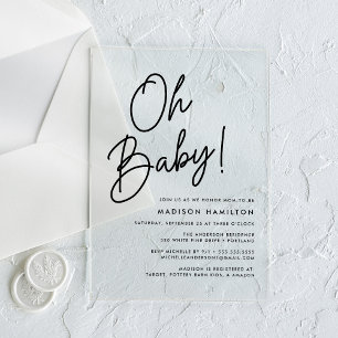 Invitations En Acrylique Oh Baby Black Script Baby shower minimaliste