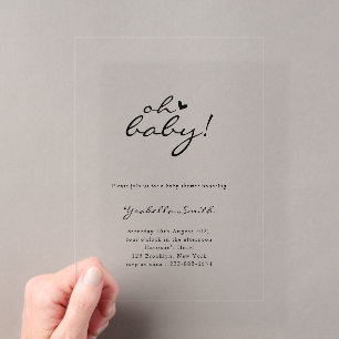 Invitations En Acrylique Oh Bébé ! Écriture minimale Heart Baby Shower 