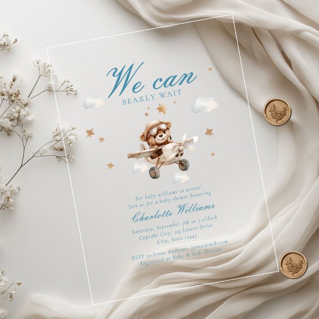 Invitations En Acrylique On Peut Attendre ! Ours et avion en peluche (We Can Bearly Wait! Teddy Bear & Airplane Baby Shower  Transparent Acrylic Invitations.)