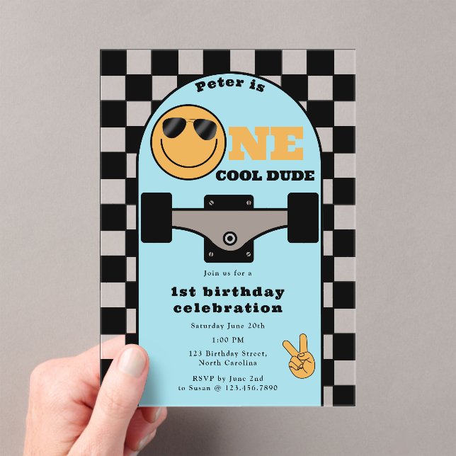 Invitations En Acrylique One Cool Dude Invite 1st First Birthday Skateboard (In situ (ordinateur de poche))