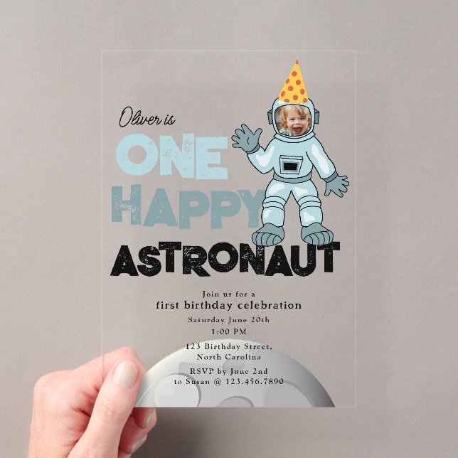 Invitations En Acrylique One Happy Astronaut Photo 1st  First Birthday (In situ (ordinateur de poche))
