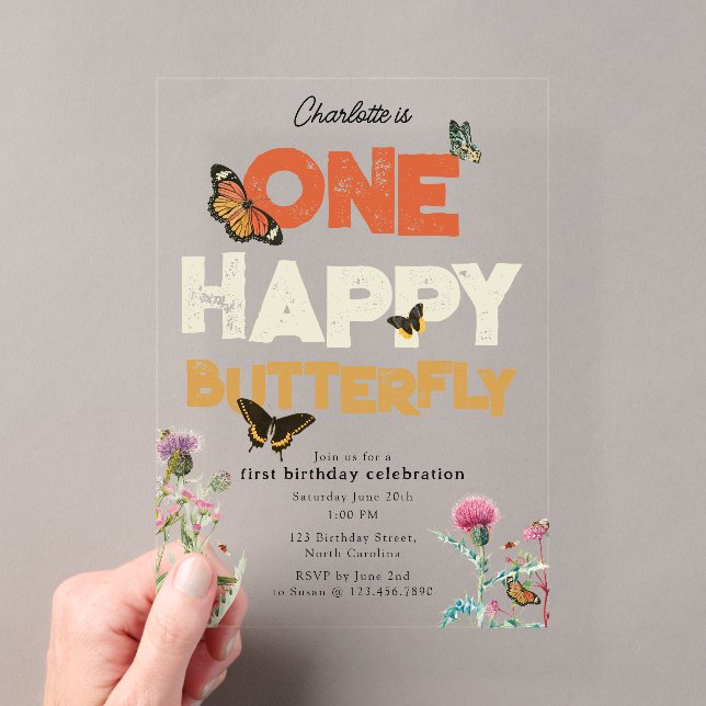 Invitations En Acrylique One Happy Butterfly Invite 1st Wildflower Birthday (In situ (ordinateur de poche))