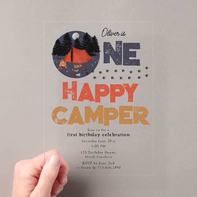 Invitations En Acrylique One Happy Camper Invite 1st Summer Birthday (In situ (ordinateur de poche))