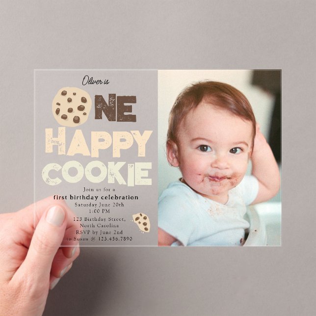 Invitations En Acrylique One Happy Cookie Invite 1st  First Birthday Photo (In situ (ordinateur de poche))
