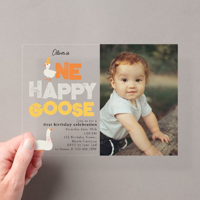 Invitations En Acrylique One Happy Goose Invite 1st  First Birthday Photo (In situ (ordinateur de poche))