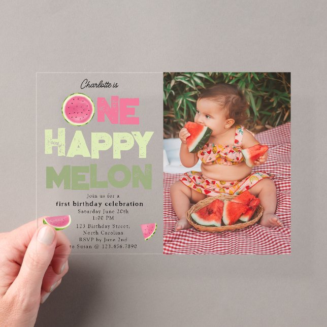 Invitations En Acrylique One Happy Melon 1st Summer Birthday Photo (In situ (ordinateur de poche))