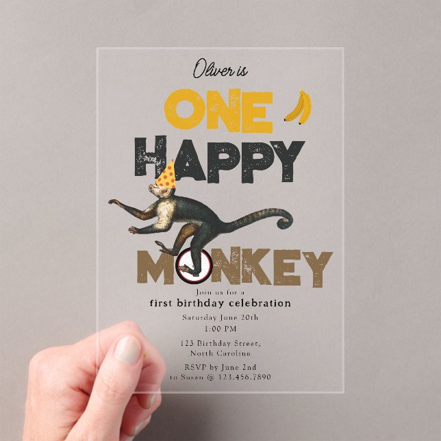 Invitations En Acrylique One Happy Monkey Cute Invite 1st First Birthday (In situ (ordinateur de poche))