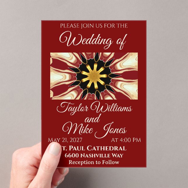 Invitations En Acrylique Opulent Deep Crimson Starburst Design | High-End M (In situ (ordinateur de poche))