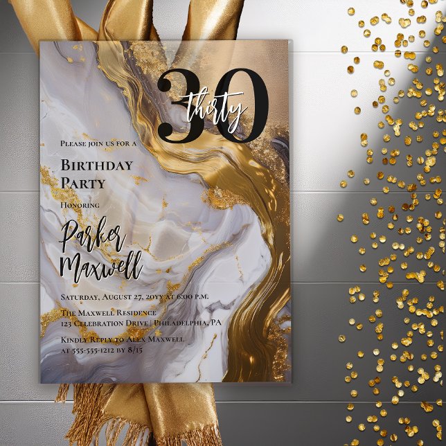 Invitations En Acrylique Or élégant | Marbre blanc Moderne 30 Anniversaire (Sleek Faux Gold and White Marble Modern "30" 30th Birthday Party Invitation - Acrylic)