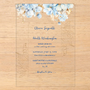Invitations En Acrylique Or floral bleu poussiéreux