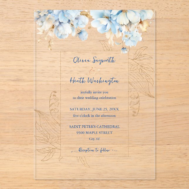 Invitations En Acrylique Or floral bleu poussiéreux (Recto)