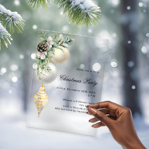 Invitations En Acrylique Or noir boules blanches Noël fête givré