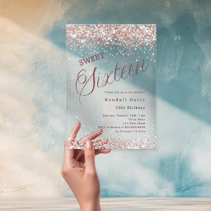 Invitations En Acrylique Or rose script moderne Sweet 16 clair