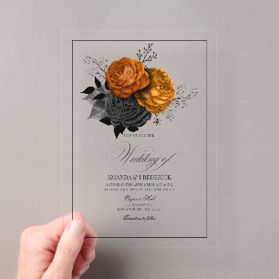 Invitations En Acrylique Orange gothique transparent et Mariage floral noir