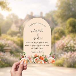 Invitations En Acrylique Orange pink peach florals arch clear wedding