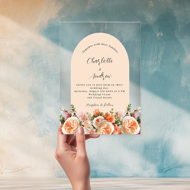 Invitations En Acrylique Orange rose florale mariage clair (Créateur téléchargé)