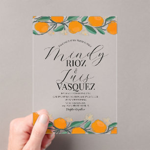 Invitations En Acrylique Oranges Citrus Aquarelle Mariage Script noir