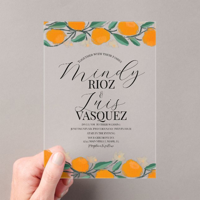 Invitations En Acrylique Oranges Citrus Aquarelle Mariage Script noir (In situ (ordinateur de poche))